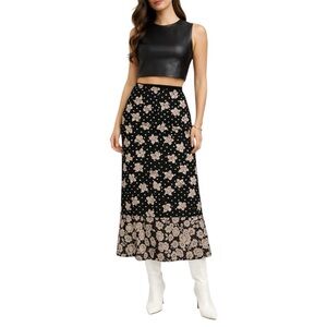 Chico’s Black Floral Midi Skirt | Y2K Boho | Flared Ruffle Hem | Women’s 4
